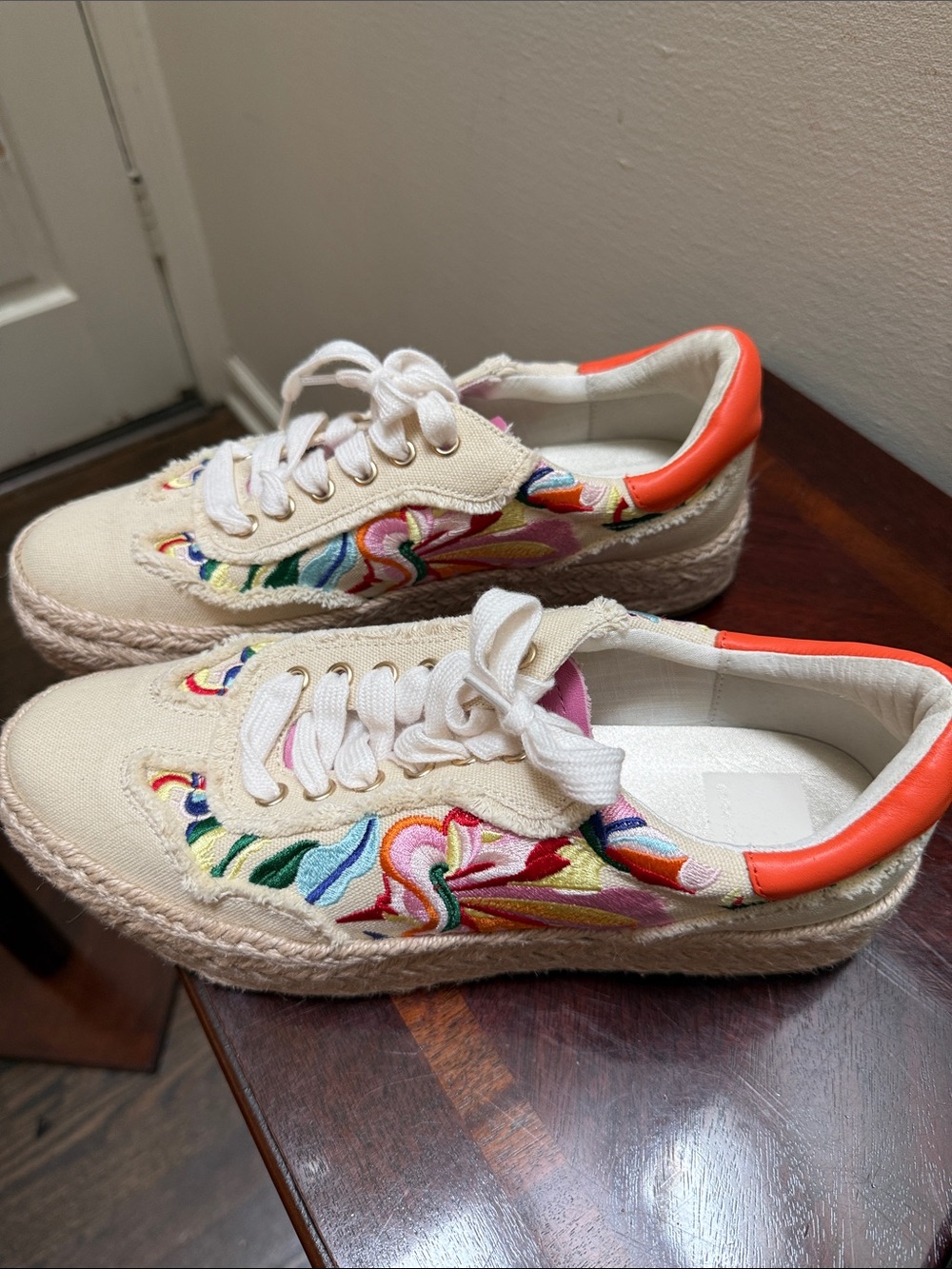 Dolce Vita Cream Canvas Sneakers with Multicolor Embroidery and Orange Trim